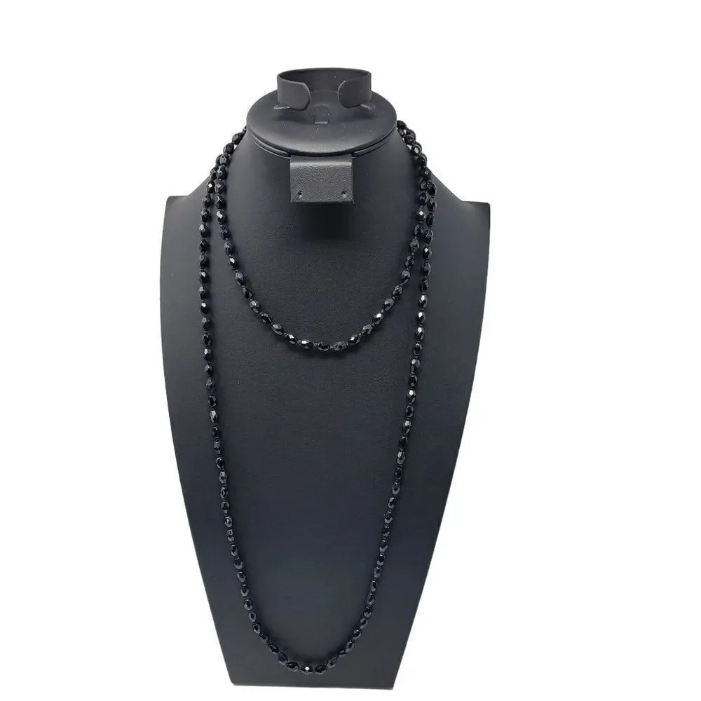 Vintage Signed Austrian Black Glass Beaded Flapper‎ Necklace Oblong Bicone Long